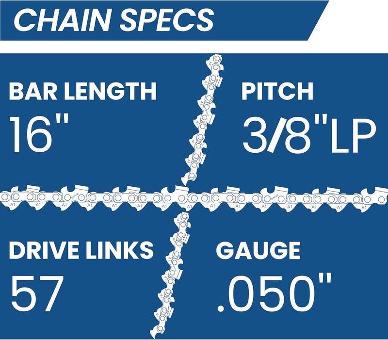 Zentop Carbide Chainsaw Chain 16 Inch, 050" Gauge, 3/8" LP Pitch, 57 Drive Links, Fits Echo CS-3510 352 3400 400, Worx WG300 WG303 - S57 (1 Chains) - Image 4